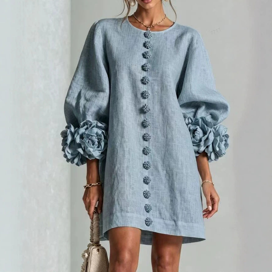 Damen Leinenkleid im A‑Linien‑Schnitt mit Ballonärmeln und 3D‑Blütenverzierung Shop Nory