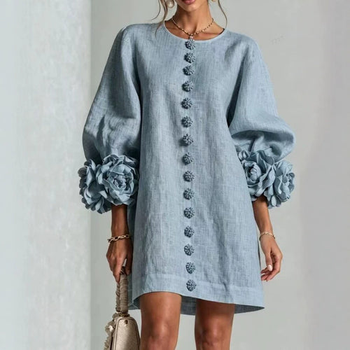 Damen Leinenkleid im A‑Linien‑Schnitt mit Ballonärmeln und 3D‑Blütenverzierung Shop Nory