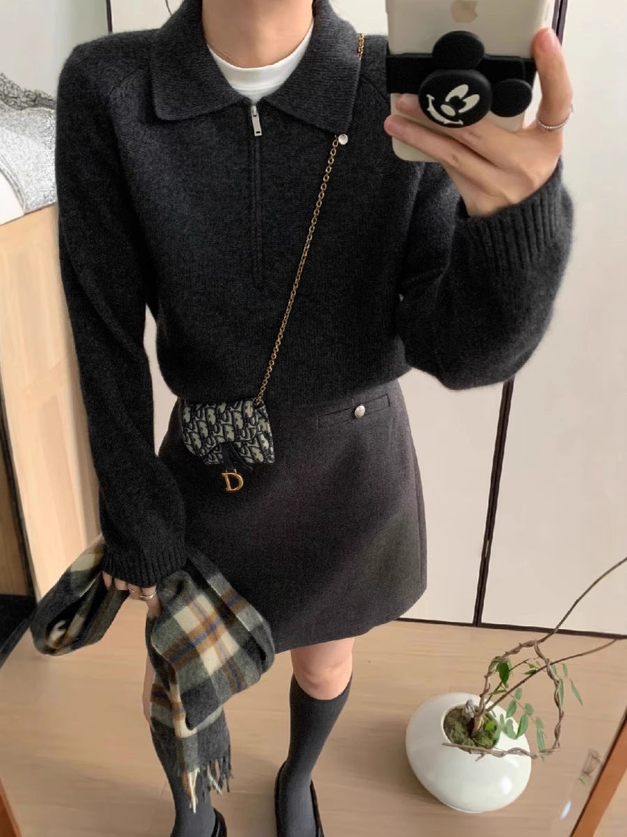 Damen Kurzzip-Polo-Pullover aus flauschigem Wollmix mit kastiger Silhouette Shop Nory