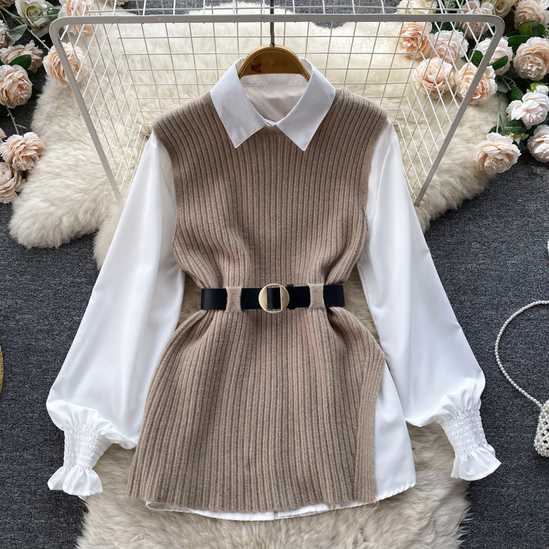 Damen Lagenlook-Bluse mit Rippstrick-Überwurf und Taillengürtel Shop Nory