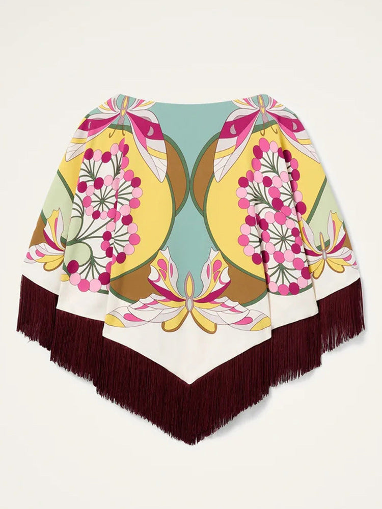 Damen Seiden-Print Poncho mit retro-floralem Muster und langen Fransen Shop Nory