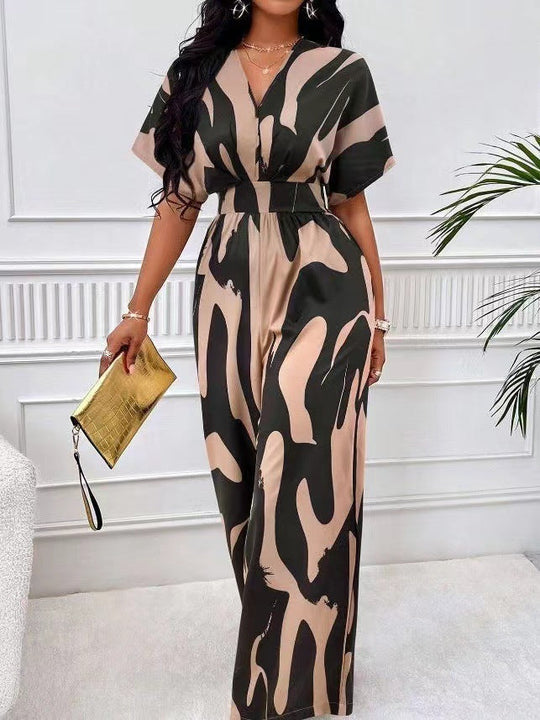 Damen Eleganter Jumpsuit mit großflächigem Muster und V-Ausschnitt