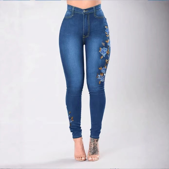 Damen Hochtaillierte Sculpting-Skinny-Jeans mit seitlicher Blumenstickerei Shop Nory