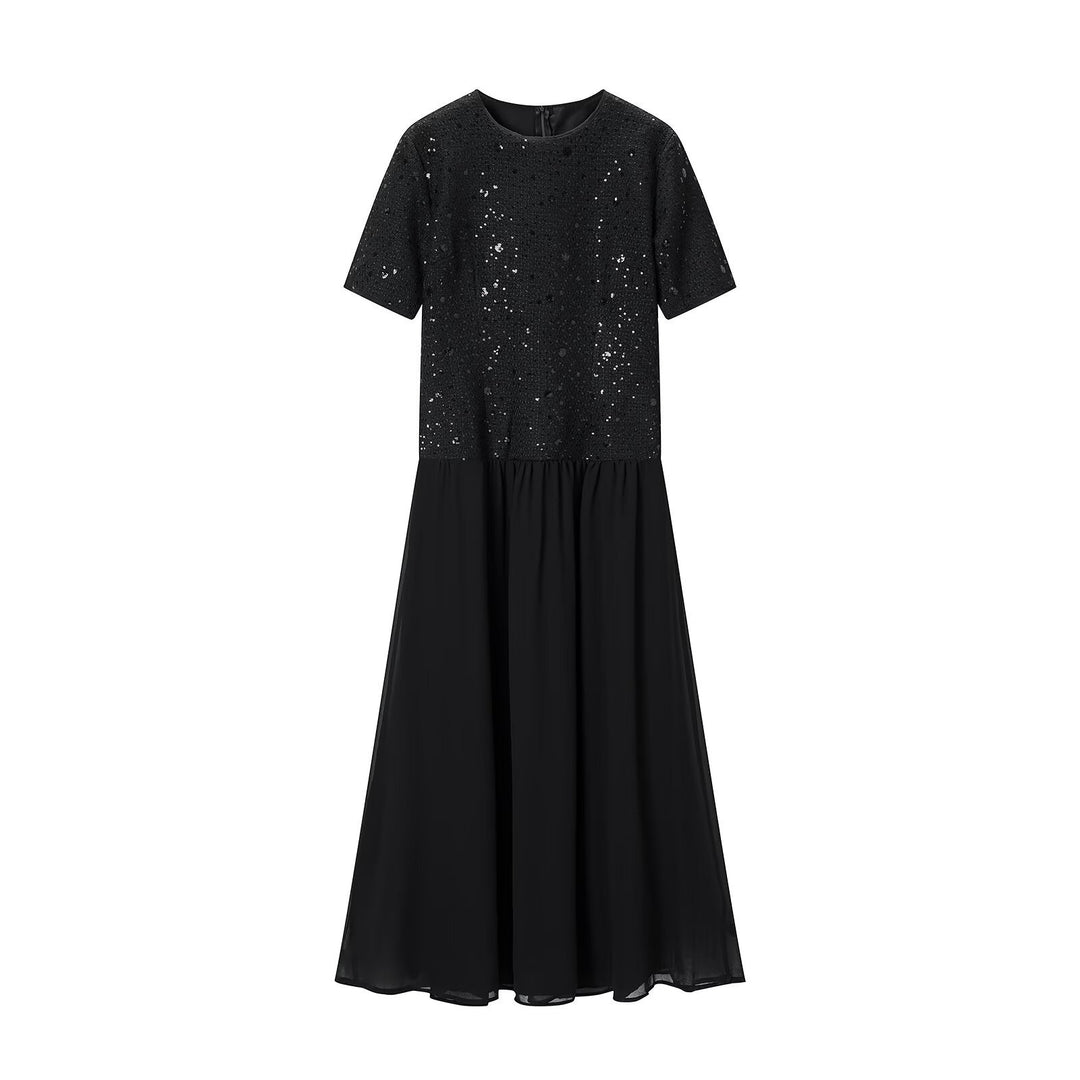 Damen Abendkleid mit Paillettenoberteil, kurzem Arm und fließendem Chiffon-Rock Shop Nory