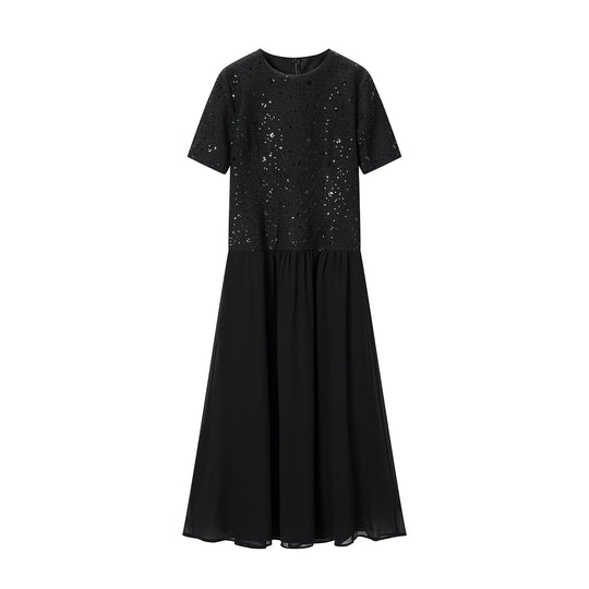 Damen Abendkleid mit Paillettenoberteil, kurzem Arm und fließendem Chiffon-Rock Shop Nory