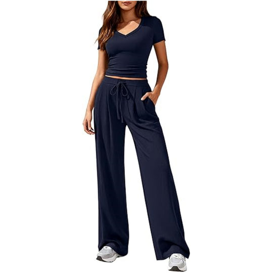 Damen Lässiges Lounge-Set mit tailliertem V-Ausschnitt bauchfreiem Top und weitem Kordelbund-Hose Shop Nory