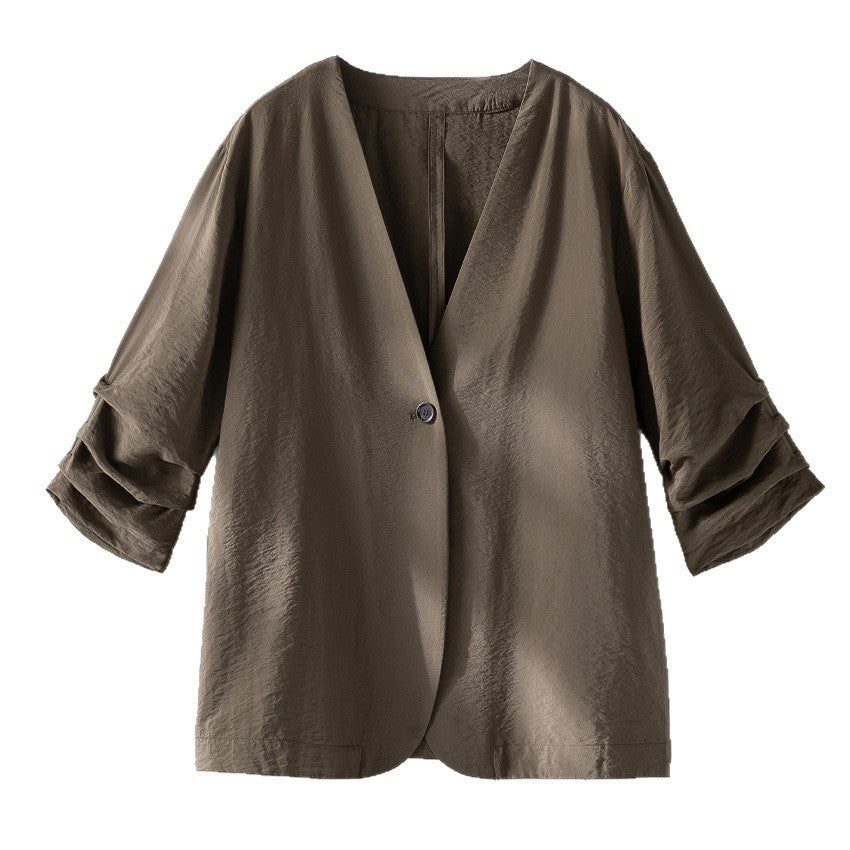 Damen Leichter Oversize-Blazer mit V-Ausschnitt, Ein-Knopf-Verschluss und gerafften Dreiviertelärmeln Shop Nory