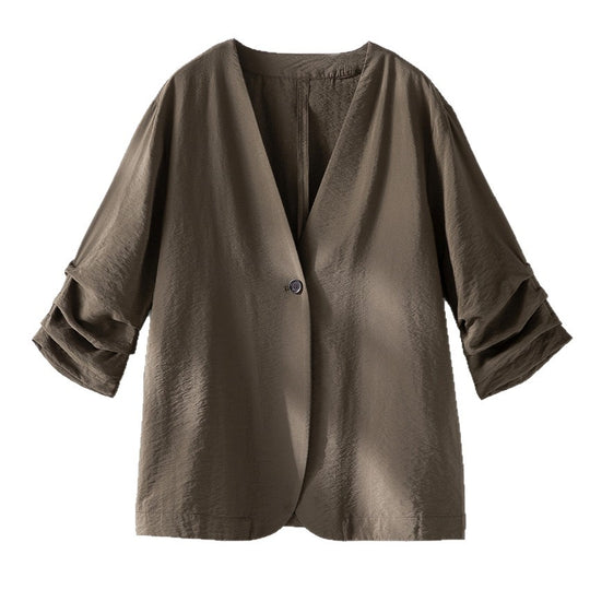 Damen Leichter Oversize-Blazer mit V-Ausschnitt, Ein-Knopf-Verschluss und gerafften Dreiviertelärmeln Shop Nory