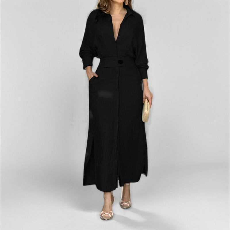 Damen Leinen-Maxikleid mit Hemdkragen, Taillengürtel und seitlichen Beinschlitzen Shop Nory