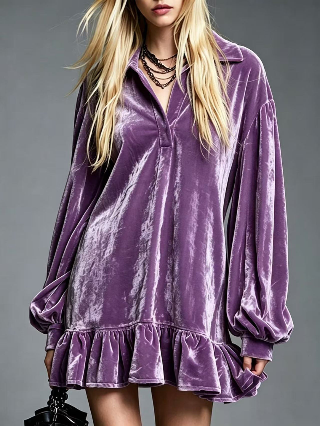 Damen Samt-Minikleid mit Volant-Saum, Ballonärmeln und Hemdkragen Shop Nory