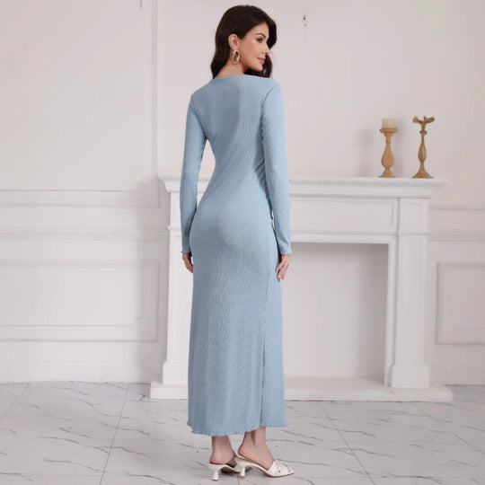 Damen Langes geripptes Bodycon-Maxikleid mit Rundhals & langen Ärmeln Shop Nory