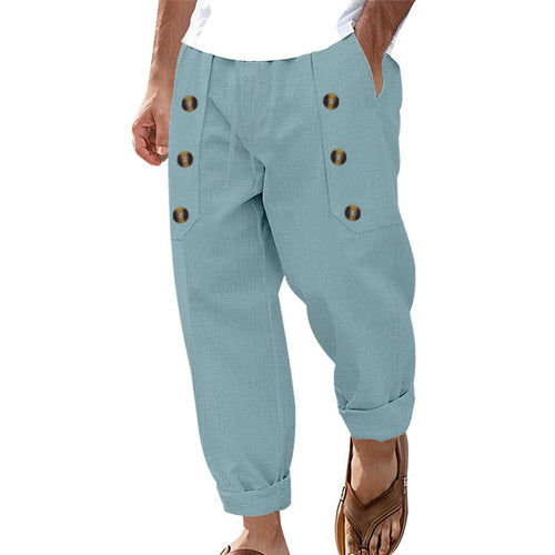 Herren Bequeme Leinenhose mit seitlichen Knöpfen und elastischem Bund