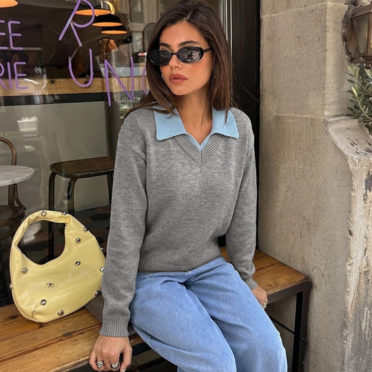 Damen Feinstrick-Polo-Pullover mit kontrastierendem Hemdkragen und V-Ausschnitt Shop Nory