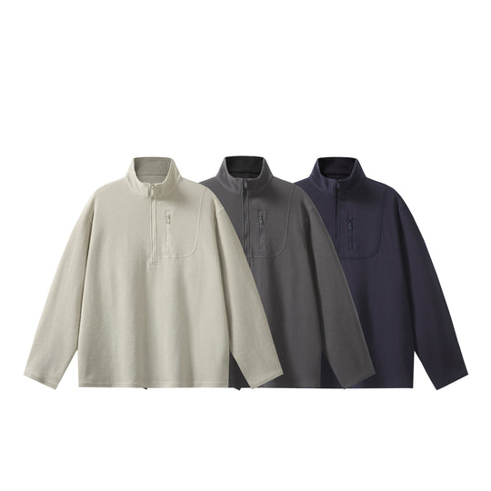 Unisex Leichter Waffelstrick-Halbzip-Pullover mit Stehkragen und Brustzippertasche Shop Nory