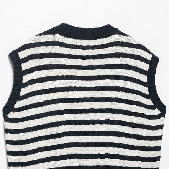 Damen Gestreifte Strickweste mit Rundhalsausschnitt und breitem Rippenbund Shop Nory