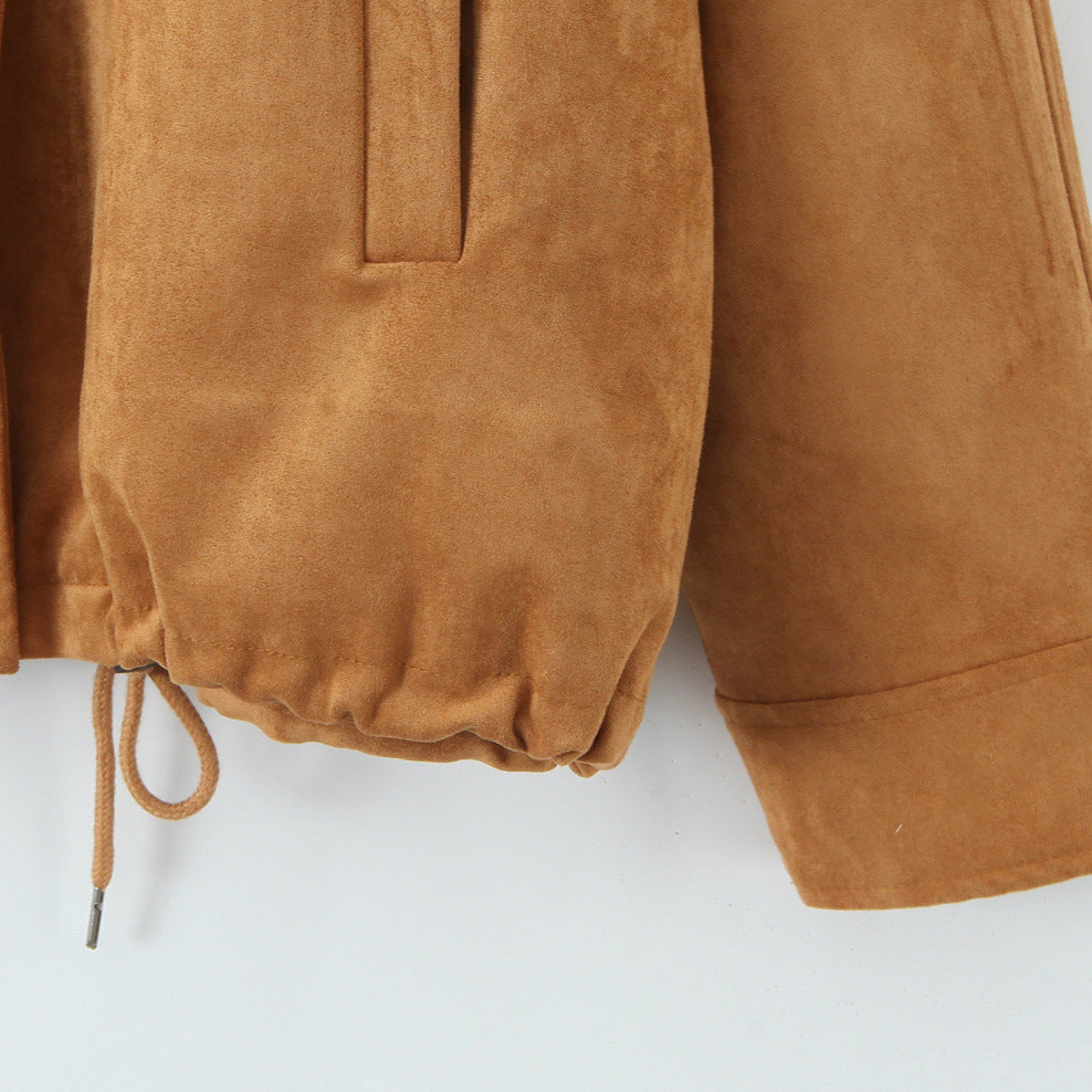 Damen Kurzjacke aus Wildleder mit Stehkragen, verdecktem Reißverschluss und Tunnelzug Shop Nory