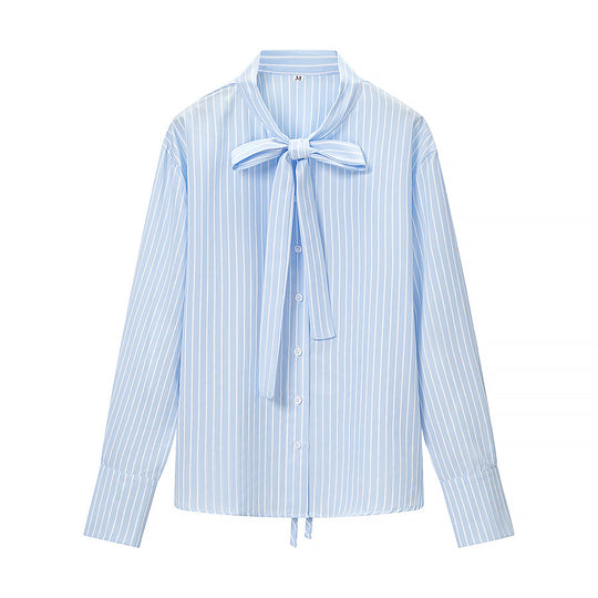 Damen Gestreifte Bluse mit Schleifenkragen und durchgehender Knopfleiste Shop Nory