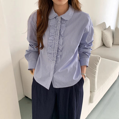 Damen Karierte Bluse mit Rüschendetails Shop Nory