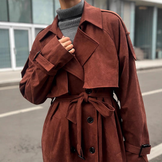 Damen langer Trenchcoat aus Veloursimitat mit doppelter Knopfleiste Shop Nory