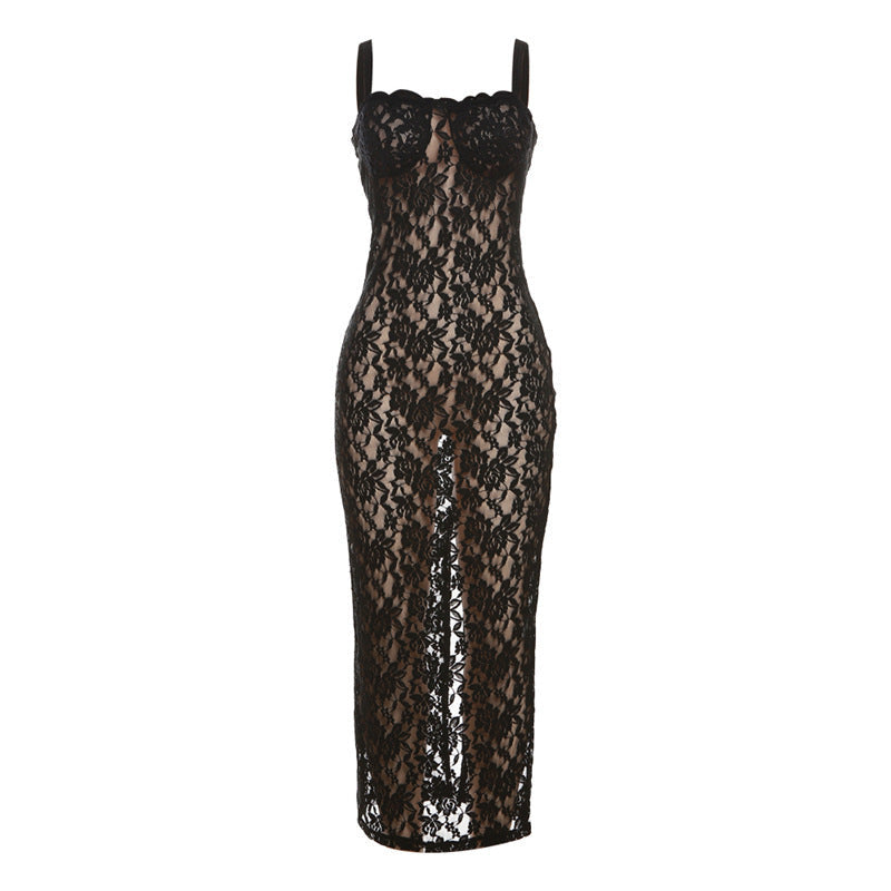 Damen Spitzenkleid mit verführerischem Schlitz und Spaghettiträgern