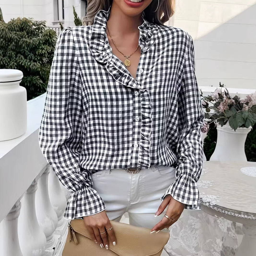 Damen nan karierte Rüschenbluse mit Stehkragen, verdeckter Knopfleiste und Glockenärmeln Shop Nory