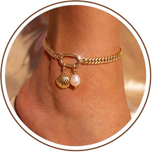 Damen Fußkettchen mit maritimem Sternen-Anhänger und Perlenakzent Shop Nory