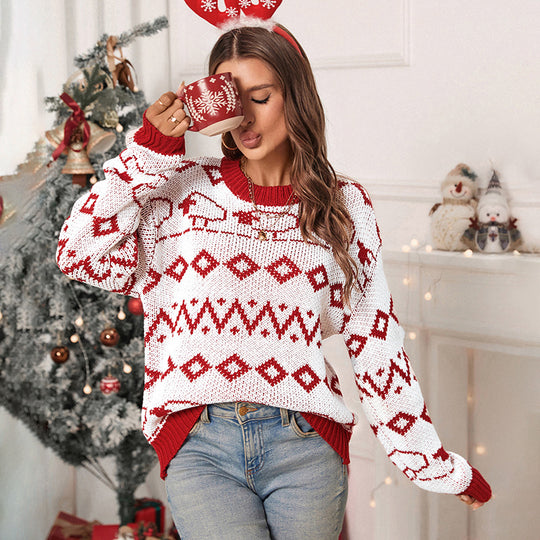 Damen Festlicher Jacquard-Pullover mit Schafbordüre und gerippten Bündchen Shop Nory