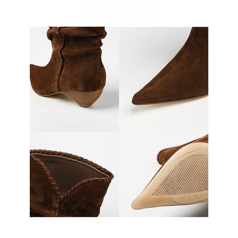 Damen Midcalf Slouch‑Stiefel aus Veloursleder mit spitzer Zehenpartie und sculpted Kitten‑Absatz Shop Nory