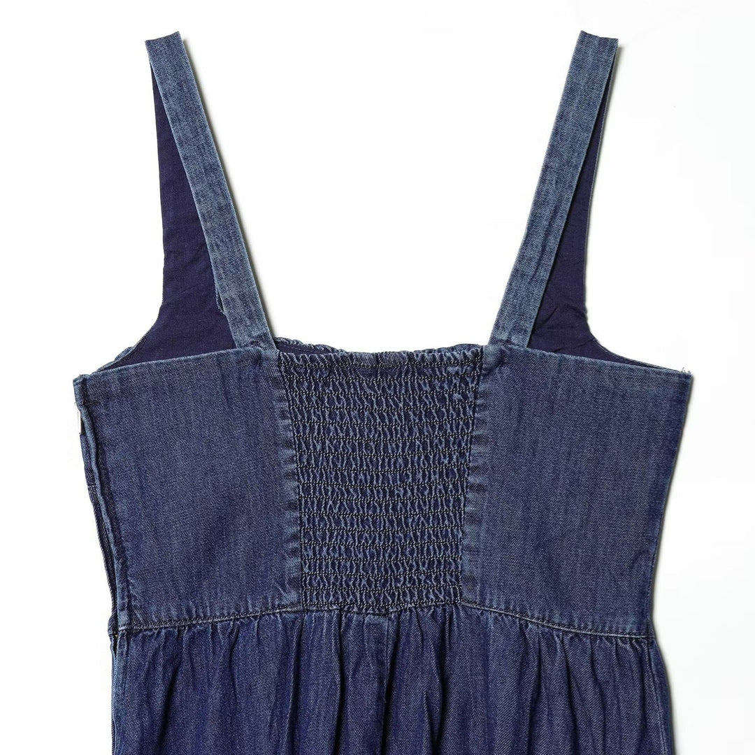 Damen Denim Maxikleid mit schwingendem Rock und verstellbaren Trägern