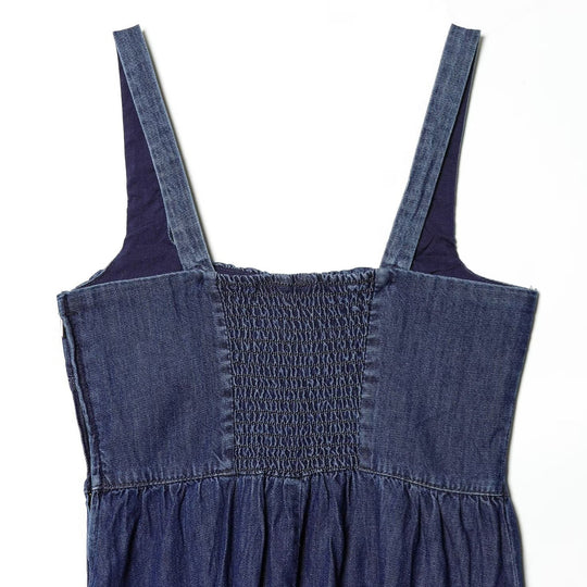 Damen Denim Maxikleid mit schwingendem Rock und verstellbaren Trägern