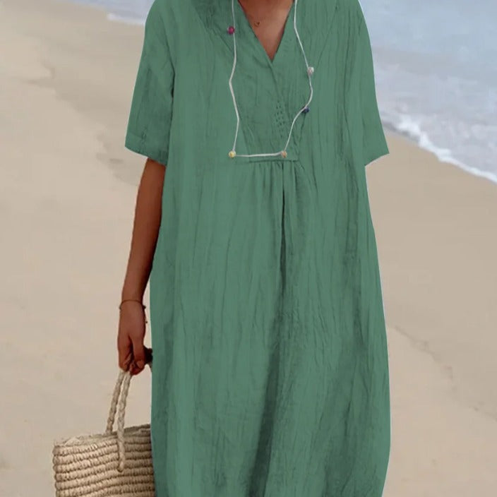 Damen lässiges Midi-Kleid mit V-Ausschnitt und bequemen Kurzärmeln