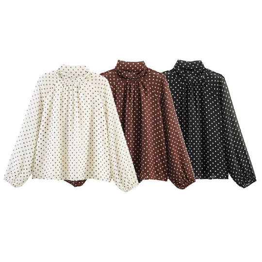 Damen Polka-Dot Bluse mit hohem Stehkragen, gerafftem Ausschnitt und Ballonärmeln Shop Nory
