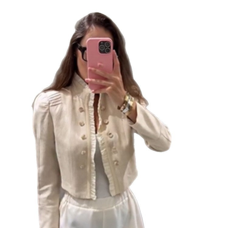 Damen Kurzjacke im Cropped‑Format mit Rüschenblende, Puffärmeln und doppelreihiger Knopfleiste Shop Nory