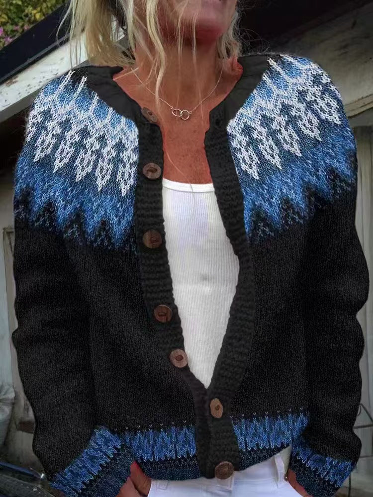 Damen nan gemusterte Strickjacke mit Rundpasse, Holzknöpfen und Eingrifftaschen Shop Nory