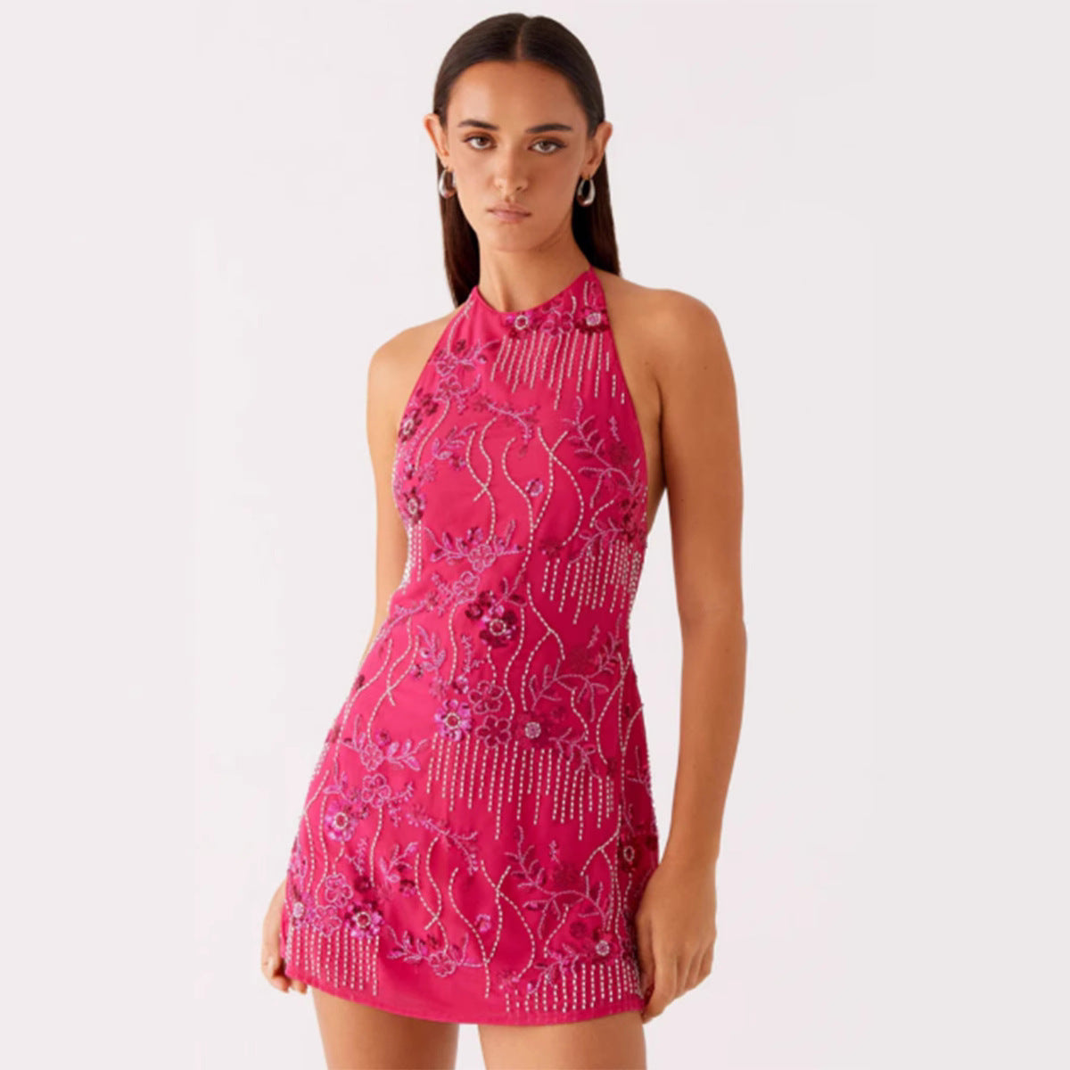 Damen Elegantes Wickelkleid mit floralen Applikationen und schimmerndem Design Shopnory