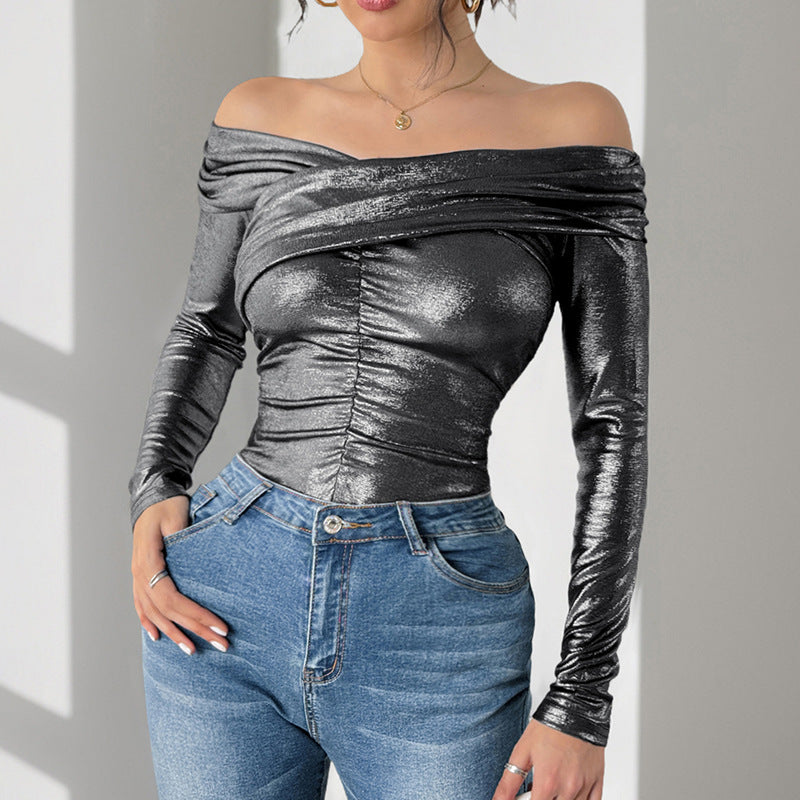 Damen Schulterfreies, glänzendes Metallic-Bodyshirt mit Mittelraffung & enganliegender Passform Shop Nory