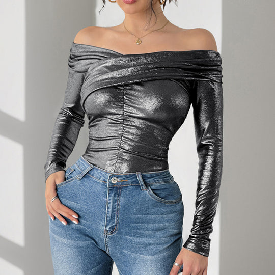 Damen Schulterfreies, glänzendes Metallic-Bodyshirt mit Mittelraffung & enganliegender Passform Shop Nory