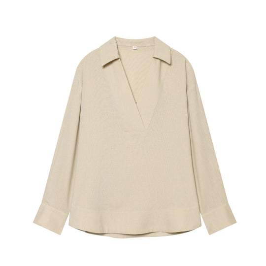 Damen Locker fallende Leinenoptik Bluse mit V‑Ausschnitt, Hemdkragen und Umschlagmanschetten Shop Nory