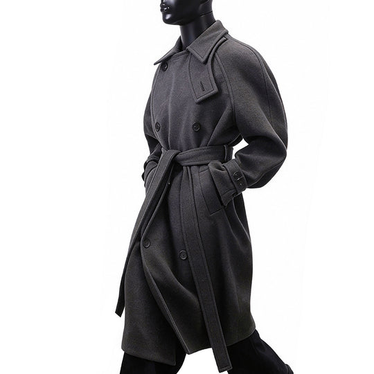 Herren Maxilanger Doppelreihiger Wollmix-Mantel mit hohem Stehkragen, Taillengürtel und verstellbaren Manschettenriemen Shop Nory