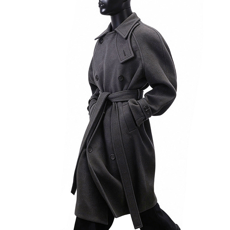 Herren Maxilanger Doppelreihiger Wollmix-Mantel mit hohem Stehkragen und Bindegürtel Shop Nory