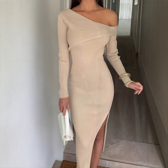 Damen nan eng anliegendes One-Shoulder-Rippenkleid mit asymmetrischem Ausschnitt und figurbetonter Midi-Silhouette Shop Nory