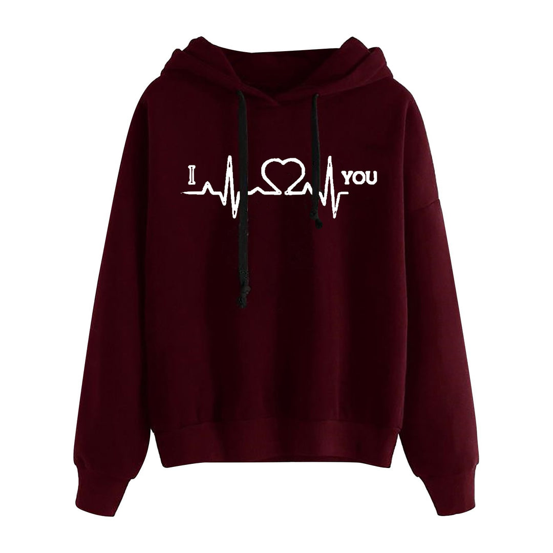 Damen nan leichter Oversize Kapuzenpullover mit Herz‑EKG‑Motiv, langen Kordeln und elastischem Bund Shop Nory