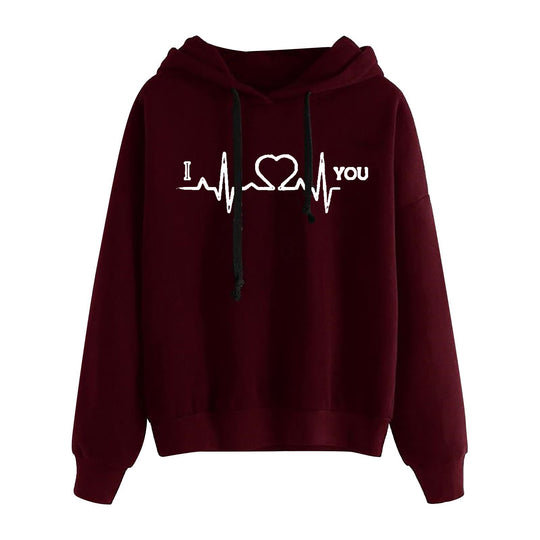 Damen nan leichter Oversize Kapuzenpullover mit Herz‑EKG‑Motiv, langen Kordeln und elastischem Bund Shop Nory