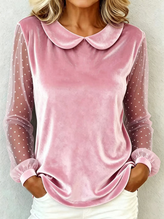 Damen Kuschelige Samtbluse mit Peter-Pan-Kragen und gepunkteten Mesh-Ärmeln Shop Nory