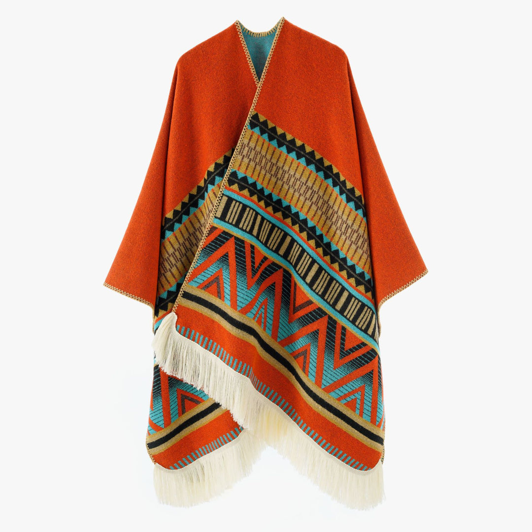 Damen Jacquard‑Ruana mit Fransen und folklorem Muster Shop Nory