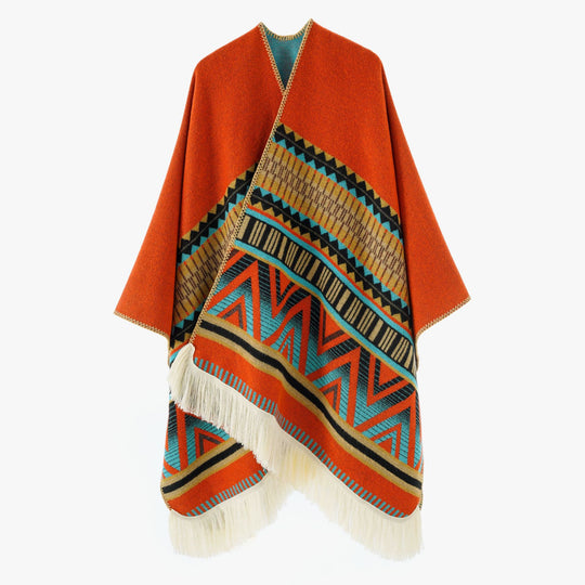 Damen Jacquard‑Ruana mit Fransen und folklorem Muster Shop Nory