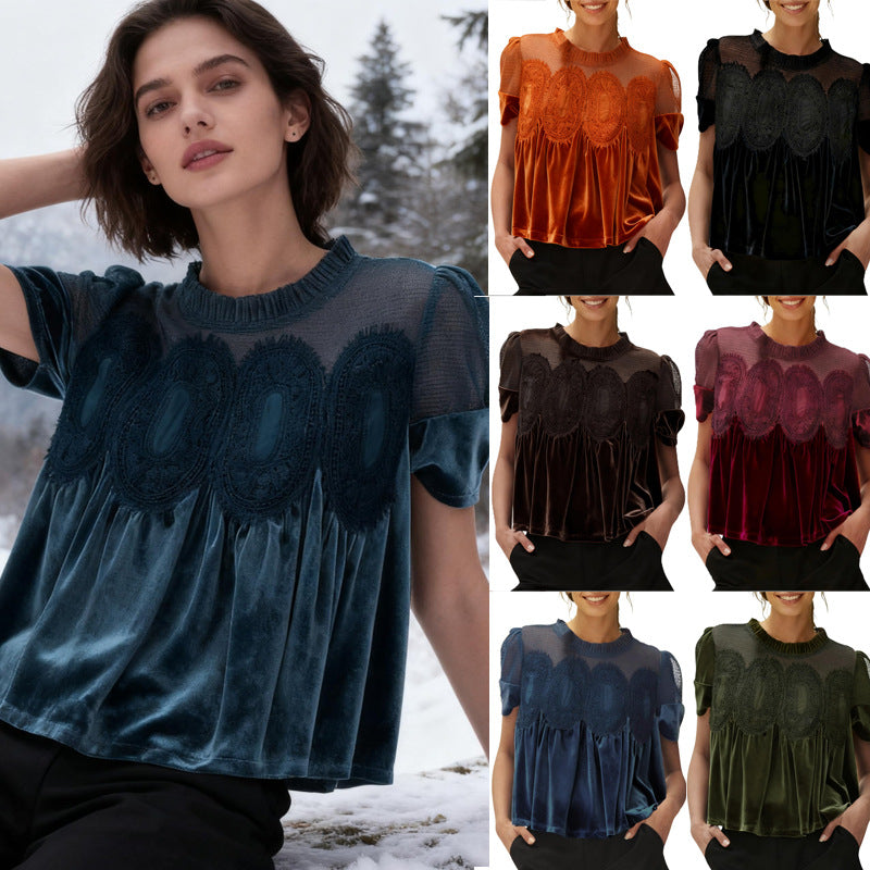 Damen Samtbluse mit Spitzenbesatz, transparentem Einsatz und geraffter A-Linie Shop Nory