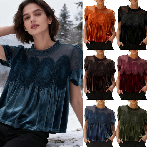 Damen Samtbluse mit Spitzenbesatz, transparentem Einsatz und geraffter A-Linie Shop Nory