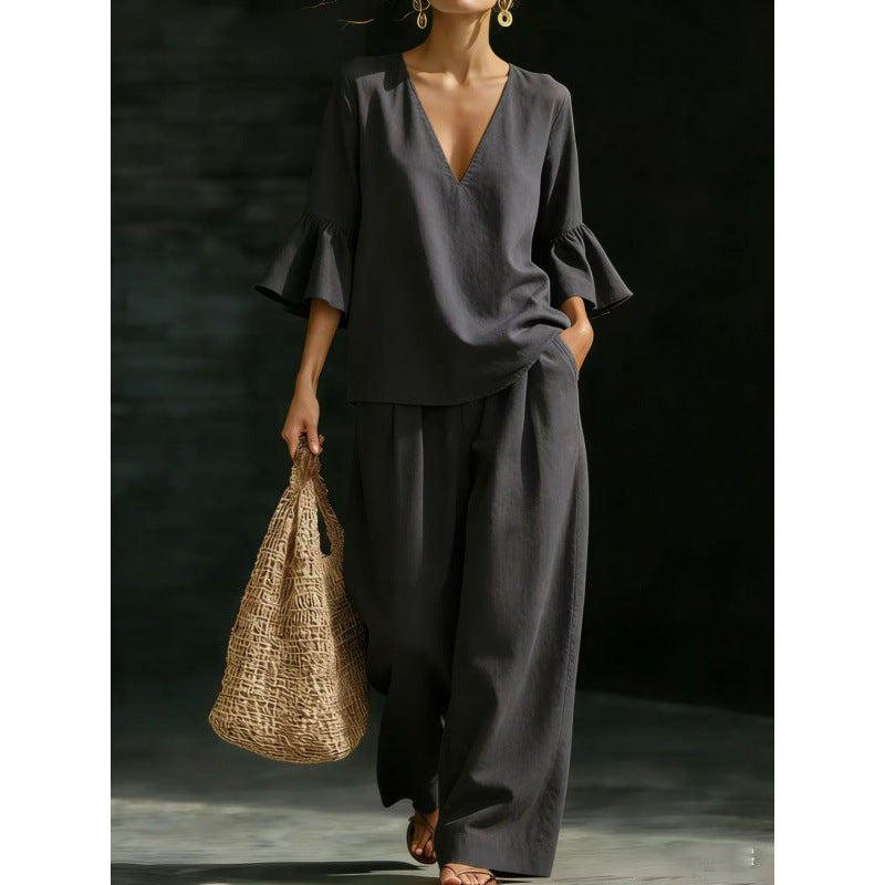Damen Zweiteiliges V-Ausschnitt-Tunika-Set mit Volantärmeln und weitem hochtaillierten Palazzo-Hose Shop Nory