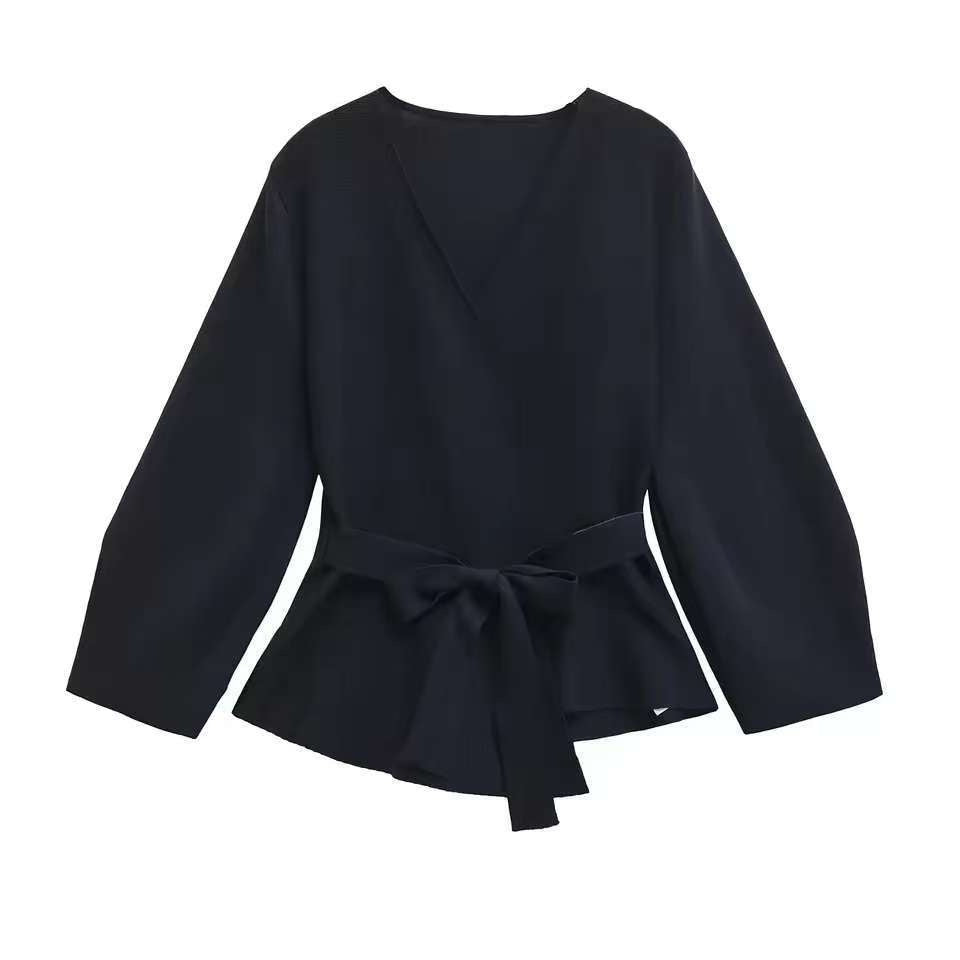 Damen Taillierte Bluse mit Wickelgürtel und Schößchen Shop Nory